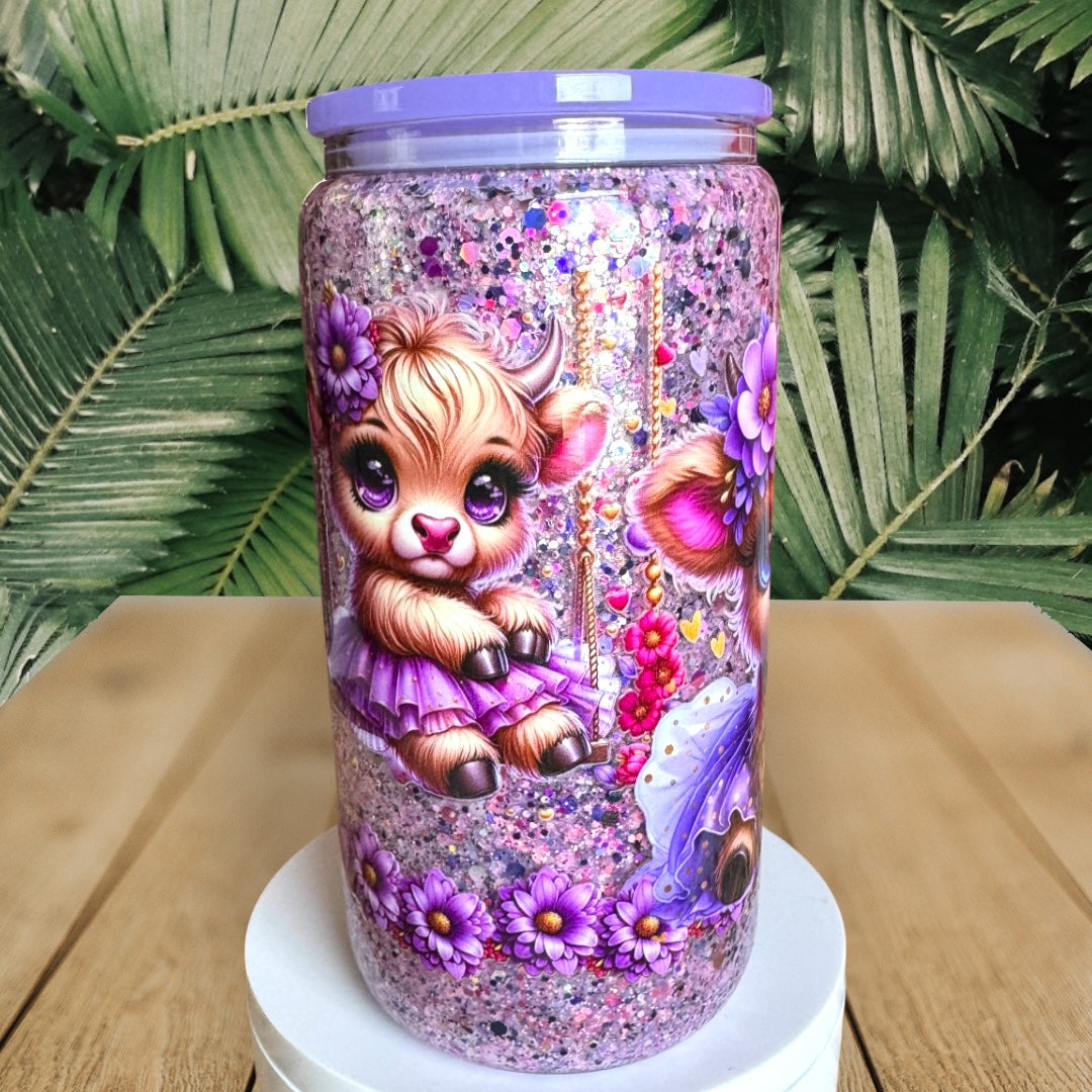 Purple Floral Highland Cow Glass Snowglobe Cup