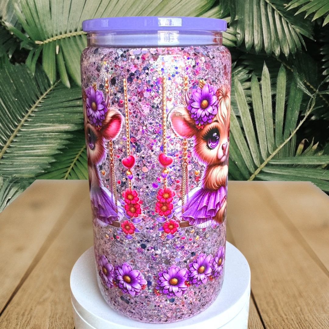 Purple Floral Highland Cow Glass Snowglobe Cup