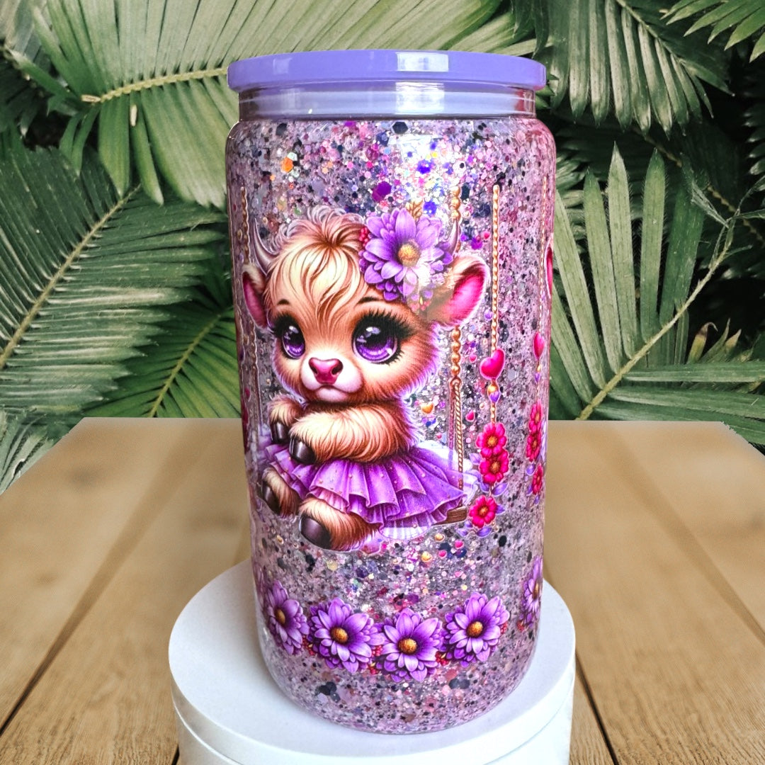 Purple Floral Highland Cow Glass Snowglobe Cup
