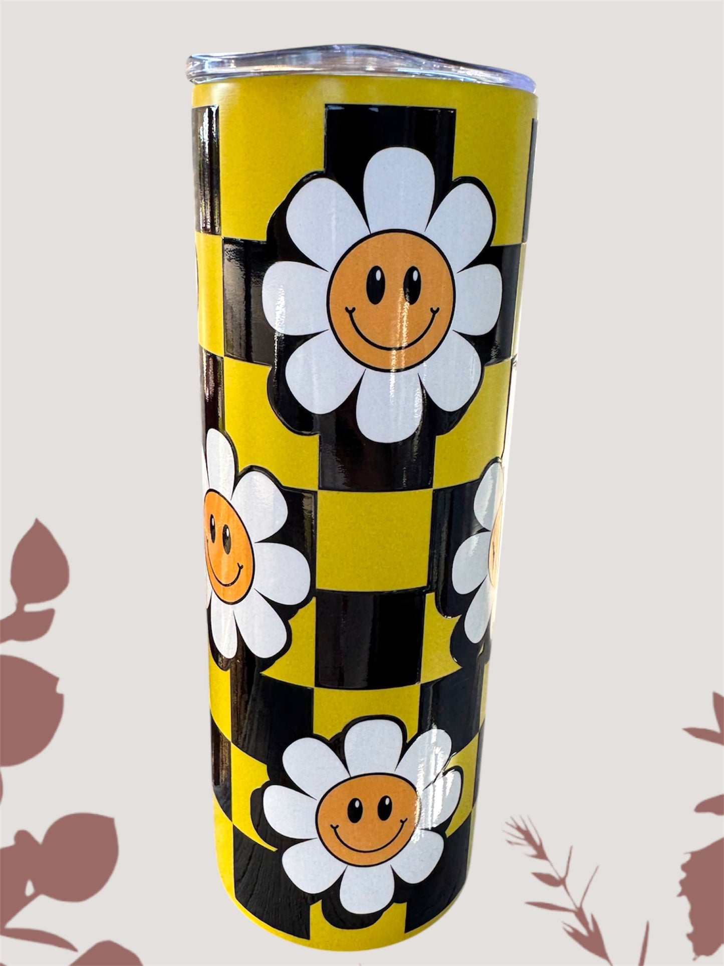 Checkered Floral Smileys Tumbler