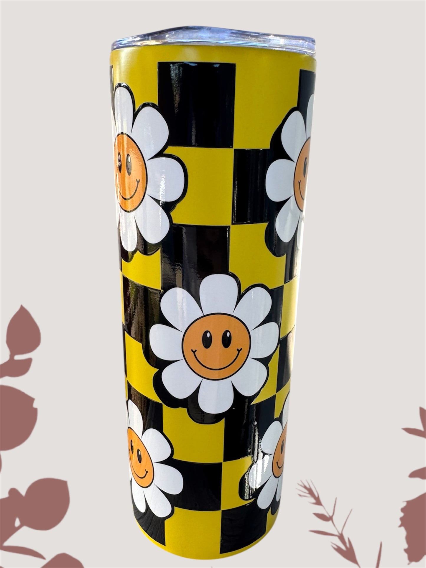 Checkered Floral Smileys Tumbler