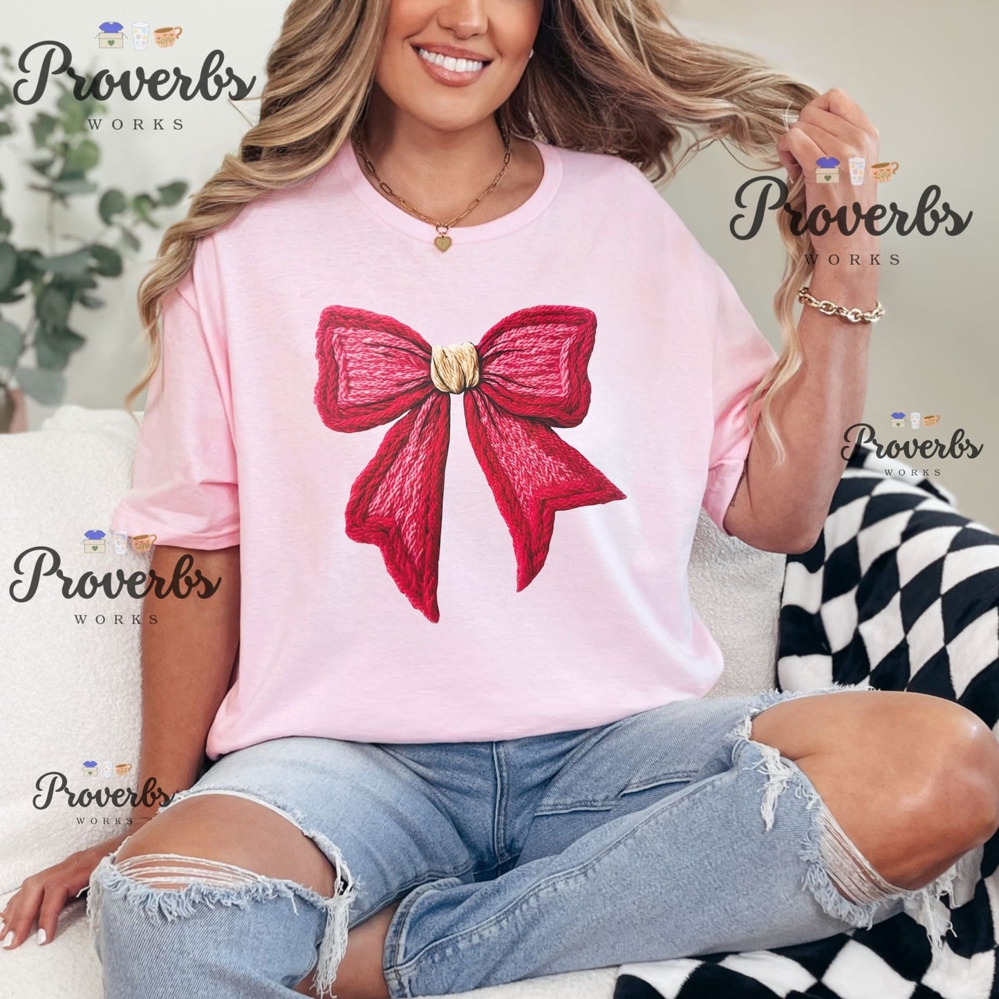 Red & Pink Faux Yarn Bow T-Shirt