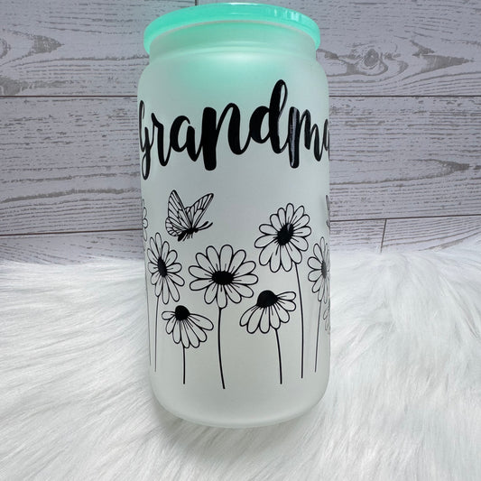 Grandma Floral Frosted Glass Cup