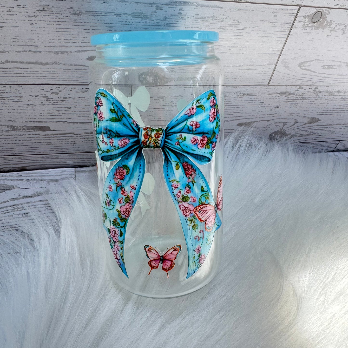 Large Blue Butterfly Bow Glass Cup