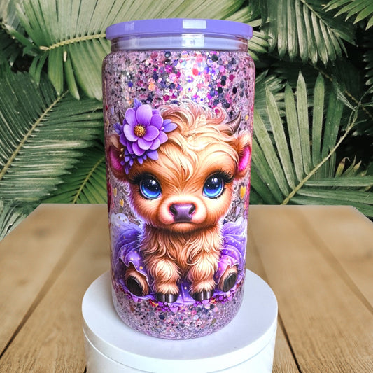 Purple Floral Highland Cow Glass Snowglobe Cup