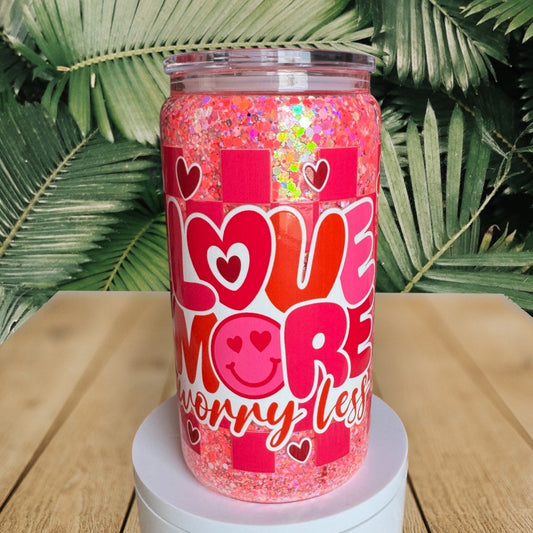 Love More Worry Less Glass Snowglobe Cup