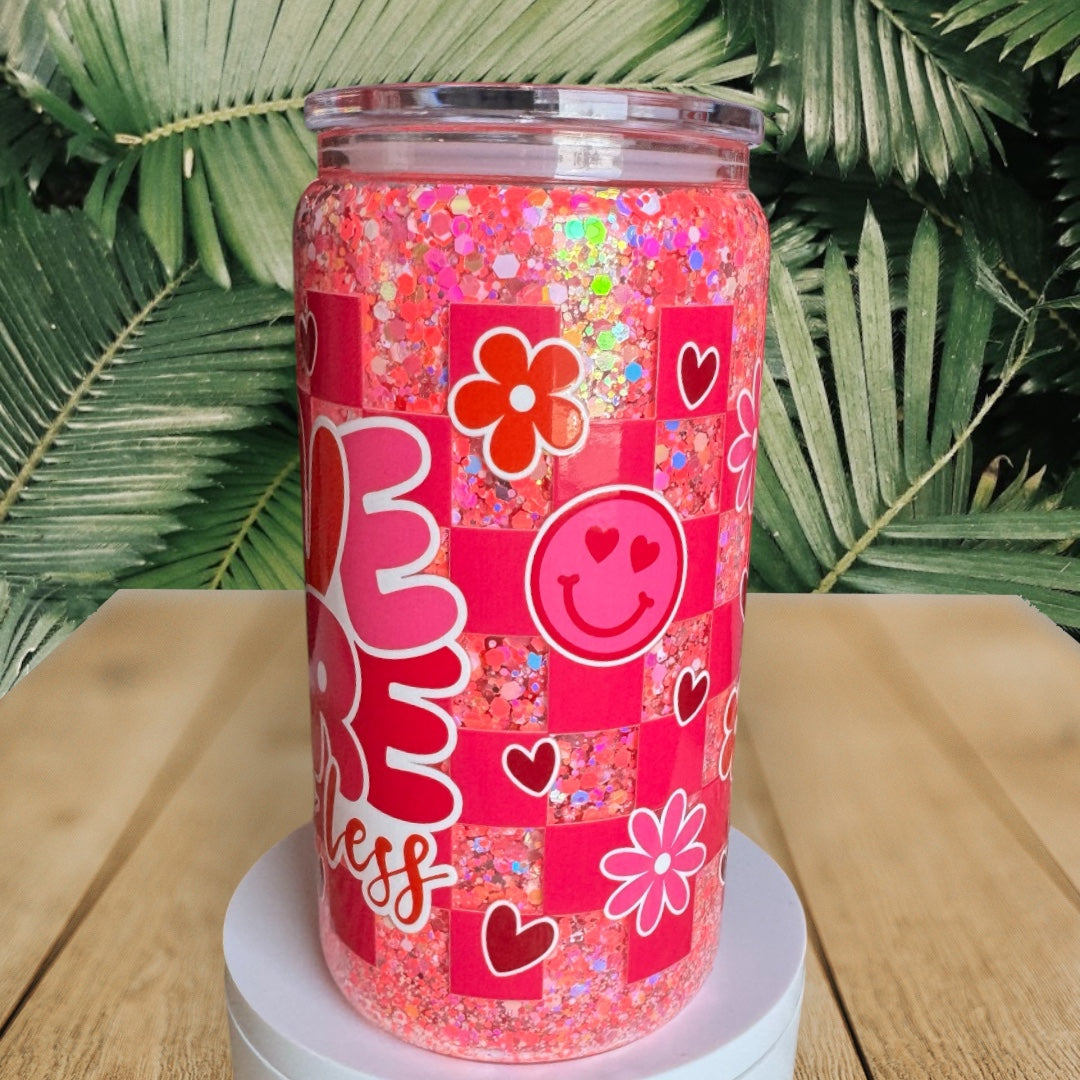 Love More Worry Less Glass Snowglobe Cup