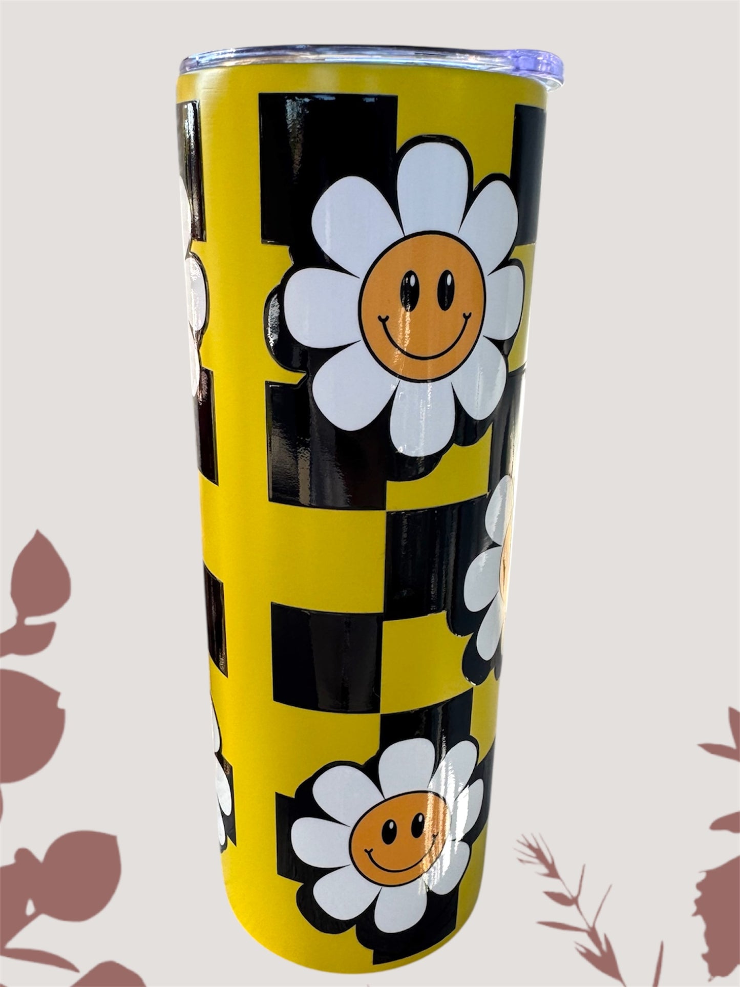 Checkered Floral Smileys Tumbler