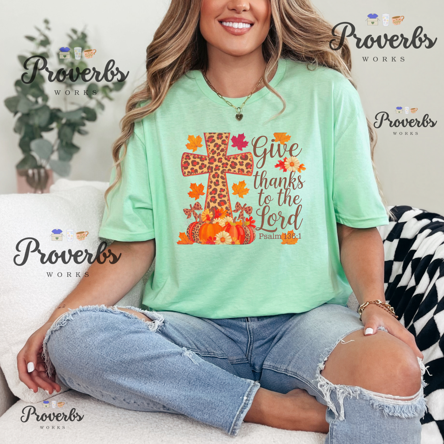 Give Thanks Psalm Leaf Cross T-Shirt