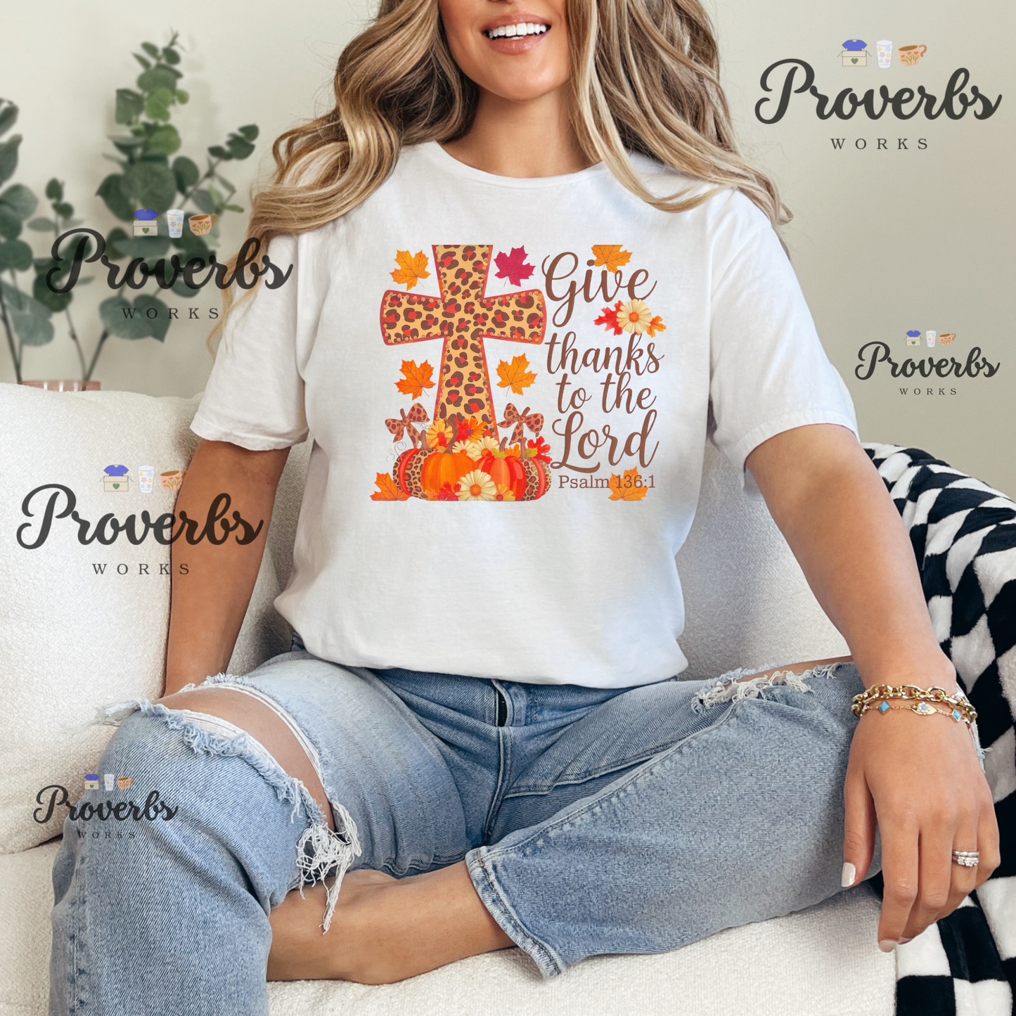 Give Thanks Psalm Leaf Cross T-Shirt