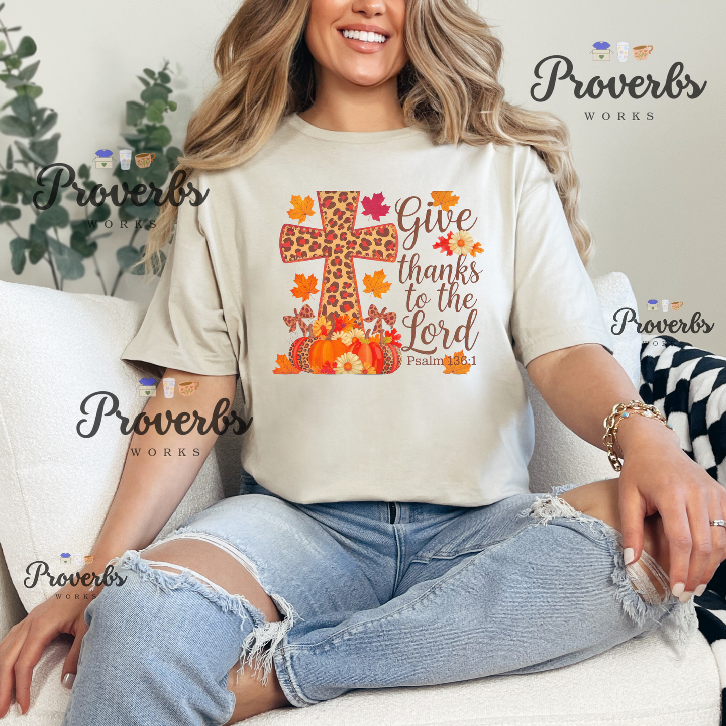 Give Thanks Psalm Leaf Cross T-Shirt
