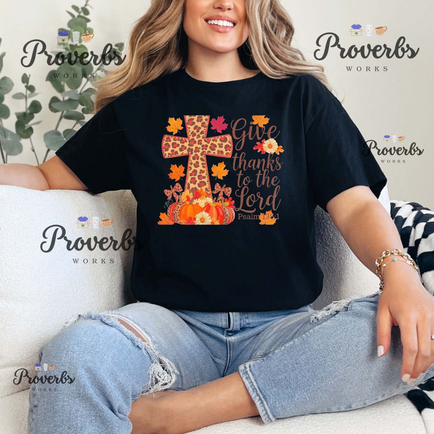 Give Thanks Psalm Leaf Cross T-Shirt