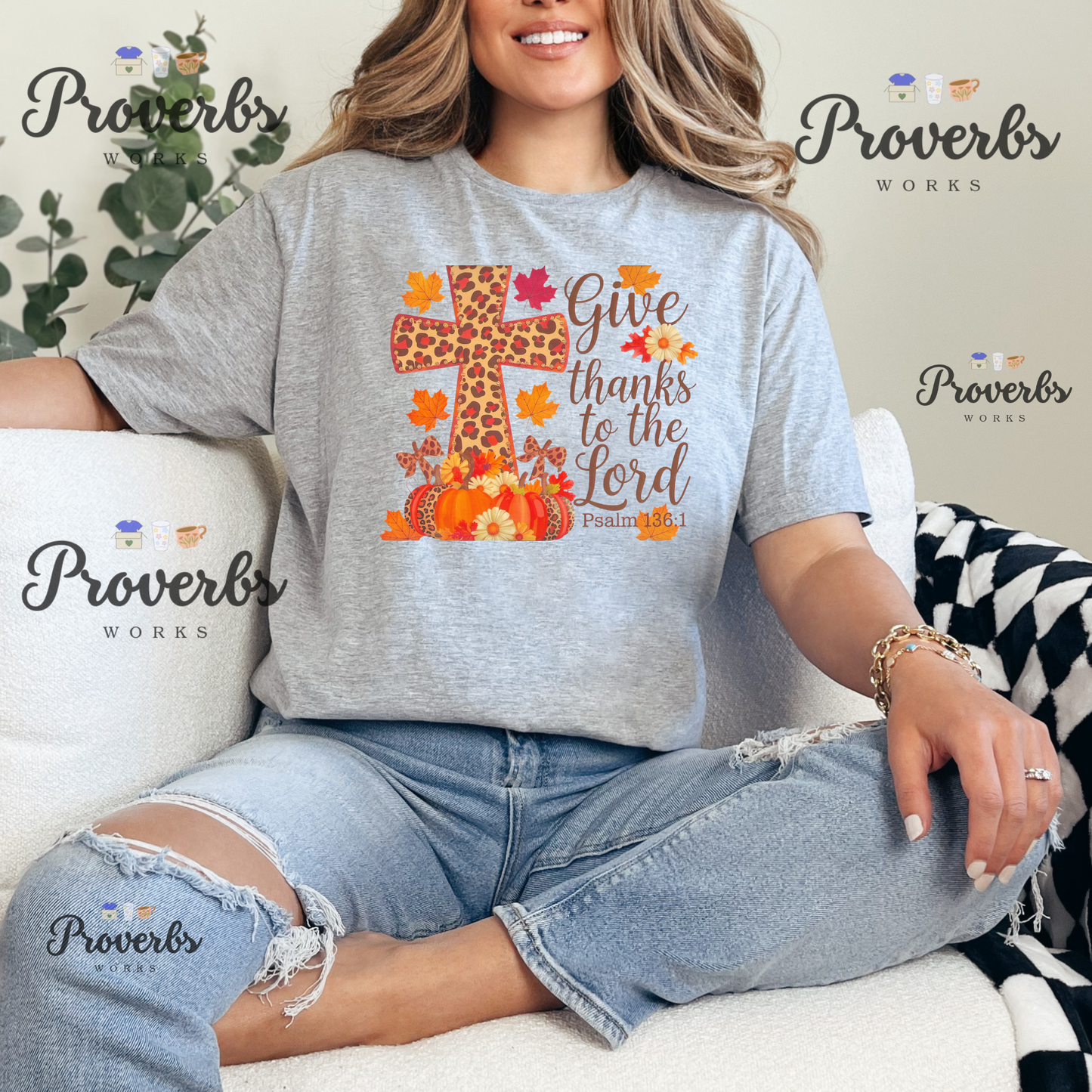 Give Thanks Psalm Leaf Cross T-Shirt